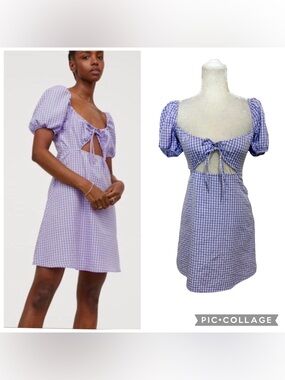 H&M Divided Lavender & White Gingham Tie-Front Mini Cotton Blend Dress Size XS